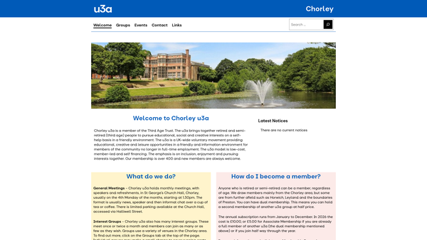 Screenshot of the Chorley And District Local U3A website