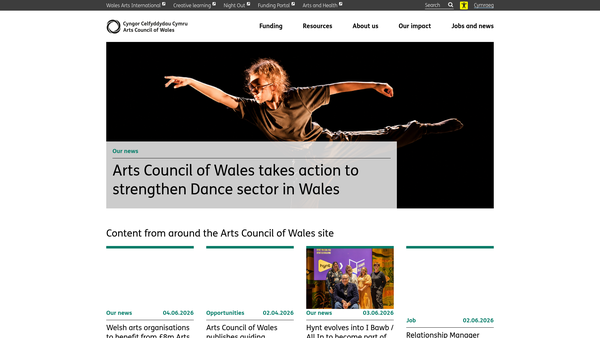 Screenshot of the Cyngor Celfyddydau Cymru website