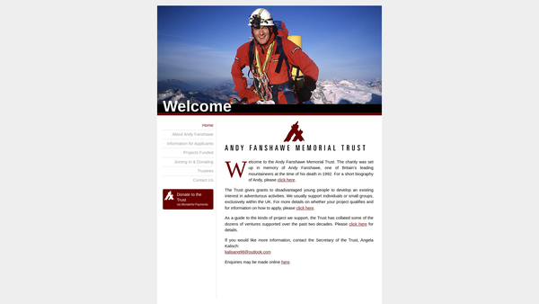 Screenshot of the Andy Fanshawe Memorial Trust website