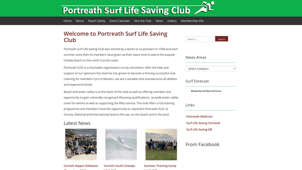 Screenshot of the Portreath Surf Life Saving Club website