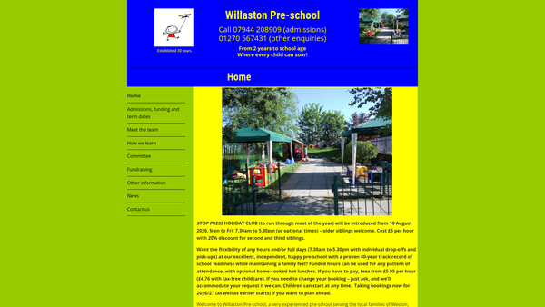 Screenshot of the Willaston Pre-School website