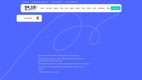 Screenshot of the Matilda Community Day Nursery website