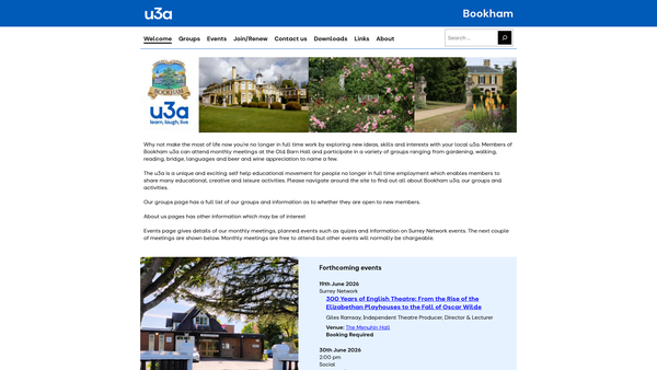 Screenshot of the The Bookham And District University Of The Third Age (U3A) website