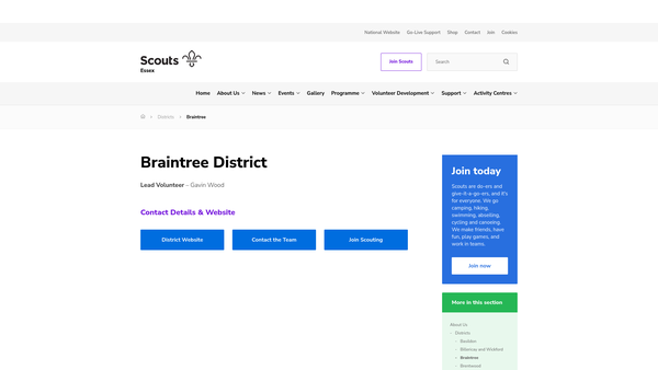 Screenshot of the Braintree District Scout Council website