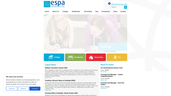Screenshot of the Education And Services For People With Autism Limited website