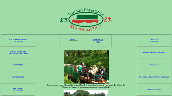 Screenshot of the Truman Enterprise Narrowboat Trust website