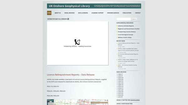 Screenshot of the UK Onshore Geophysical Library website