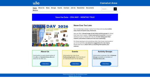 Screenshot of the Camelot Area U3A website