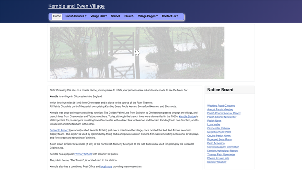 Screenshot of the Kemble Village Hall website
