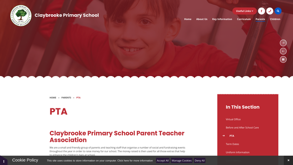 Screenshot of the Claybrooke Primary School PTA website