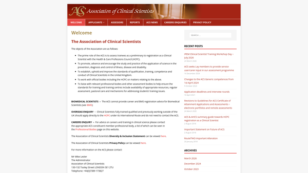 Screenshot of the The Association Of Clinical Scientists website