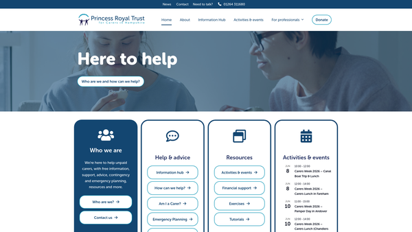 Screenshot of the The Princess Royal Trust For Carers In Hampshire website