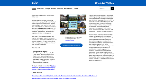 Screenshot of the Cheddar Valley U3A website