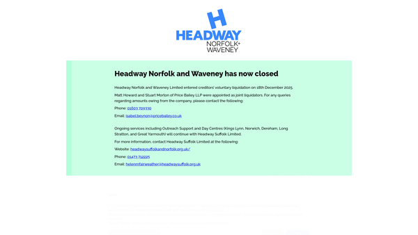 Screenshot of the Headway Norfolk And Waveney Ltd website
