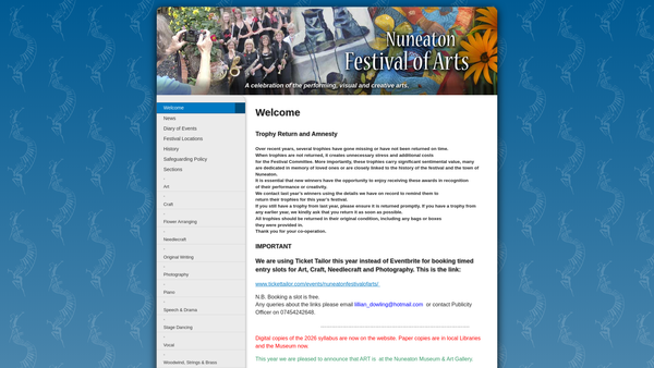 Screenshot of the Nuneaton Festival Of Arts website