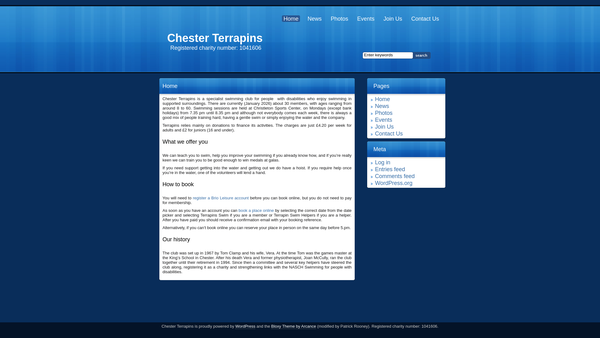 Screenshot of the Terrapins Swimming Club For The Disabled website