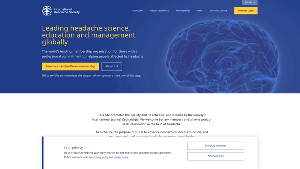 Screenshot of the International Headache Society website