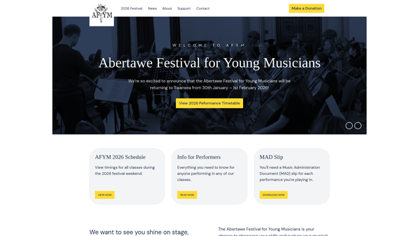 Screenshot of the Abertawe Festival For Young Musicians website