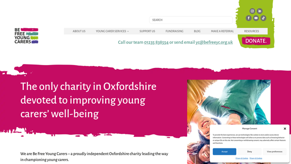 Screenshot of the Be Free Young Carers Ltd website