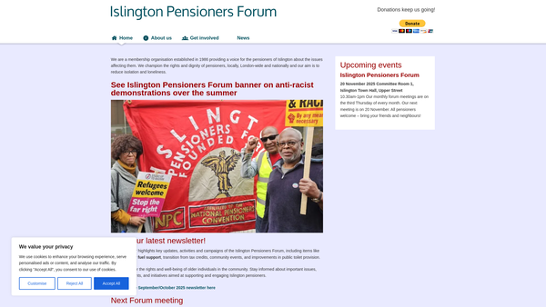 Screenshot of the Islington Pensioners' Forum website