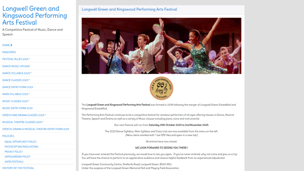 Screenshot of the Longwell Green and Kingswood Performing Arts Festival website
