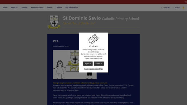 Screenshot of the St Dominic Savio Parent Teacher Association website
