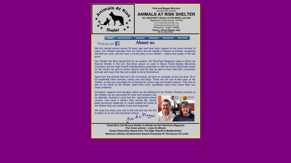 Screenshot of the Animals At Risk Shelter website