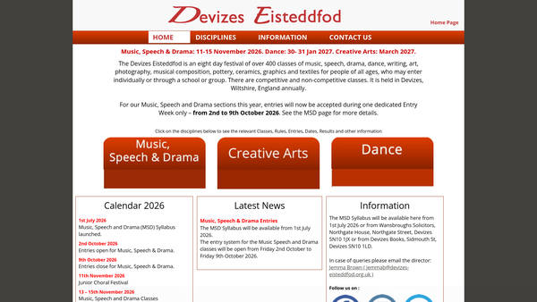 Screenshot of the Devizes Junior Eisteddfod website