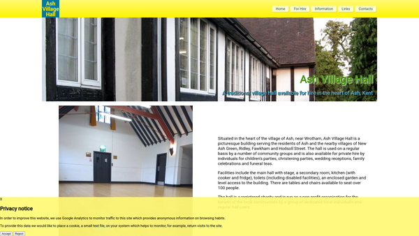 Screenshot of the Ash Village Hall website