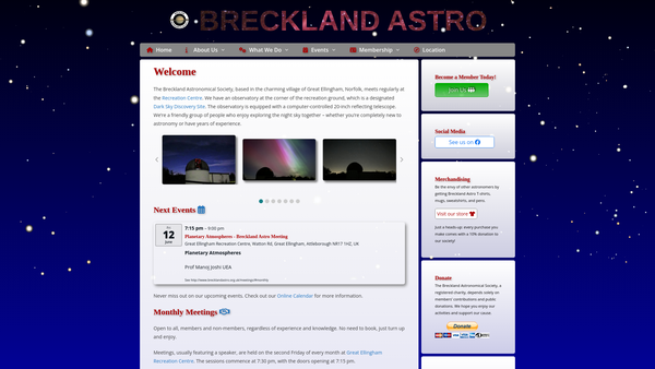 Screenshot of the Breckland Astronomical Society website