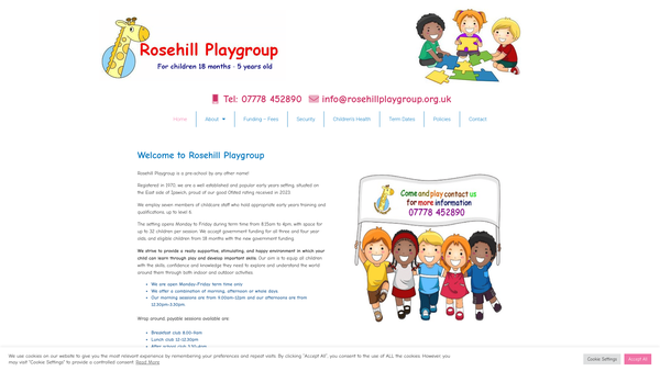 Screenshot of the Rosehill Playgroup website