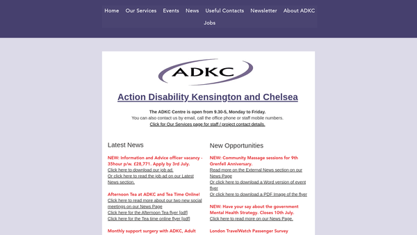Screenshot of the Action Disability Kensington And Chelsea website