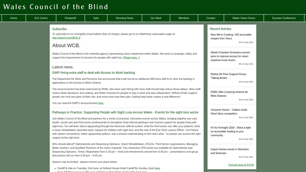 Screenshot of the Wales Council Of The Blind website