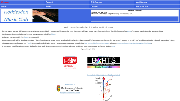 Screenshot of the Hoddesdon Music Club website