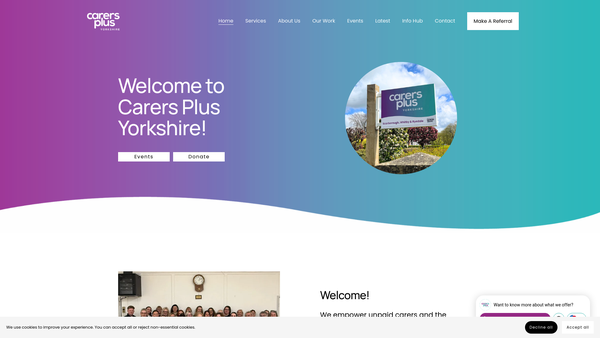 Screenshot of the Carers Plus Yorkshire Ltd website