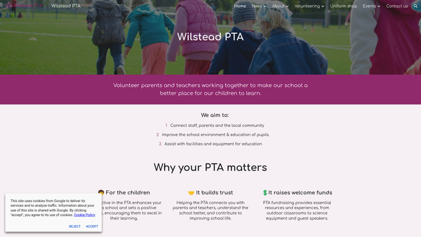 Screenshot of the Wilstead Primary School Parent/teacher Association website