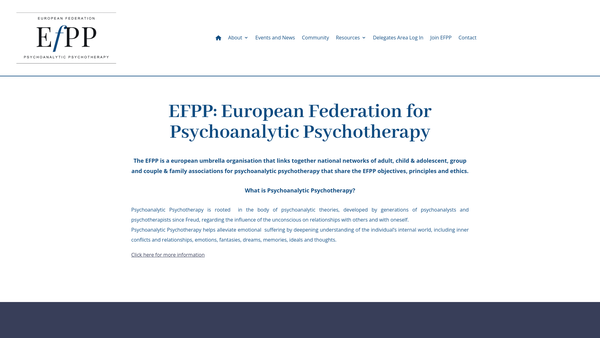 Screenshot of the The European Federation For Psychoanalytic Psychotherapy And Its Applications To Health And Related Public Services,in The E.c. And E.f.t.a. Countries website