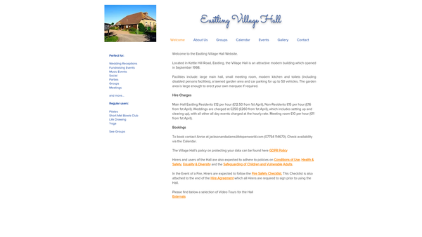 Screenshot of the Eastling Village Hall Trust website