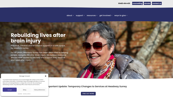Screenshot of the Headway Surrey Head Injuries Association Ltd website
