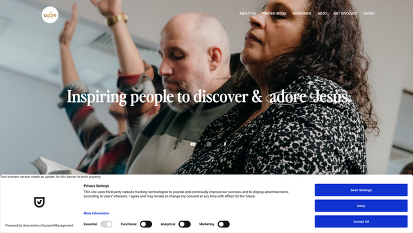 Screenshot of the Adore Church website