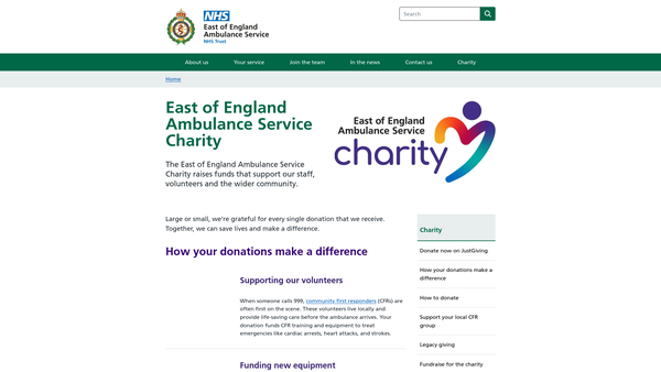 Screenshot of the East Of England Ambulance Service NHS Trust Charitable Funds website