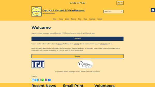 Screenshot of the Kings Lynn Talking Newspaper Association website