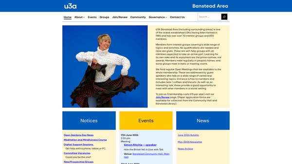 Screenshot of the U3A - Banstead Area website