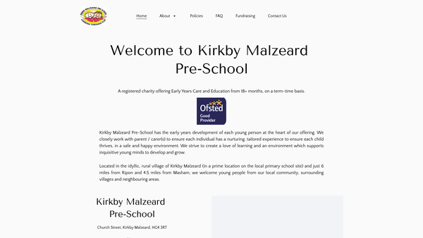 Screenshot of the Kirkby Malzeard Pre-School website