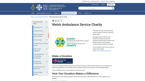 Screenshot of the Welsh Ambulance Services NHS Trust Charity website