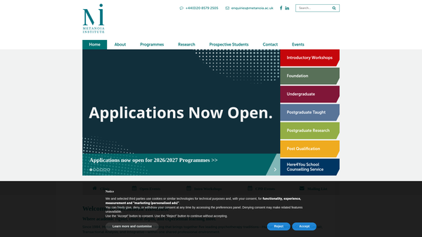 Screenshot of the The Metanoia Institute website