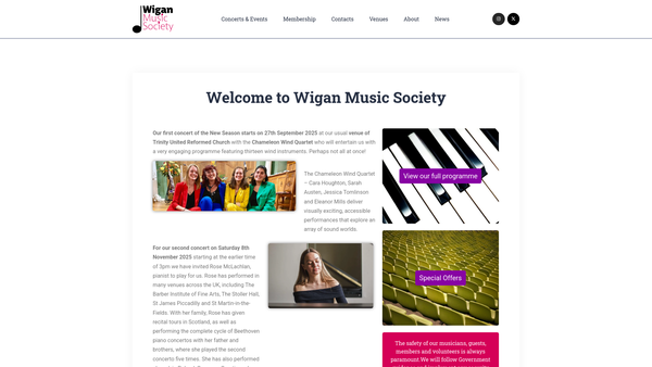 Screenshot of the Wigan Music Society website