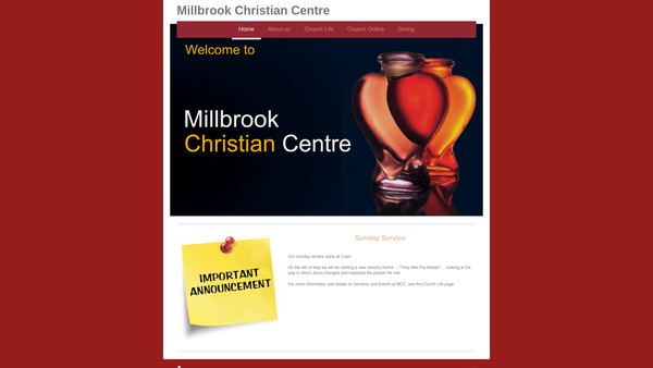 Screenshot of the Millbrook Christian Centre website