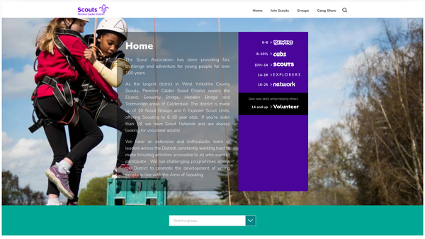 Screenshot of the Pennine Calder District Scout Council website
