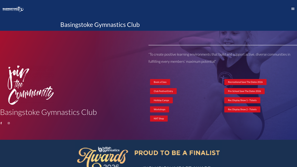 Screenshot of the Basingstoke Gymnastics Club website